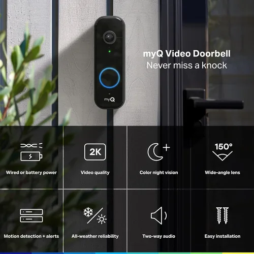 Miniatura 2 de Chamberlain myQ Video Doorbell Cámara 2K, batería/cableada, visión nocturna a color, vista en vivo con conversación bidireccional, detección
