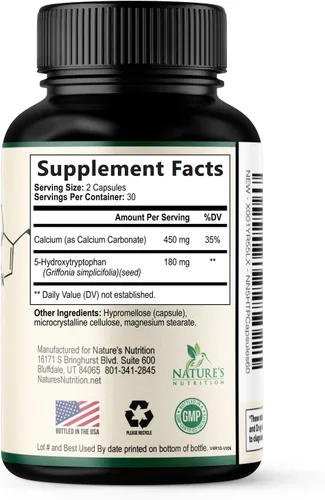 Miniatura 9 de 5 cápsulas de hidroxitriptófano – 180 mg por porción Suplemento 5 HTP más calcio para la salud cerebral y apoyo al sueño, fórmula extra fuerte