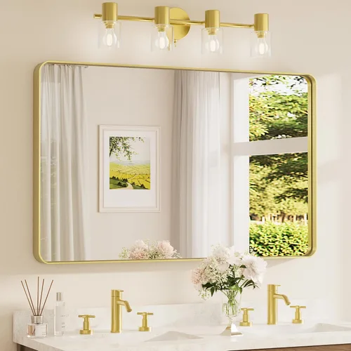 Miniatura 11 de TETOTE Espejo de marco dorado cepillado de 16 x 24 pulgadas, espejo de tocador de baño de latón dorado para pared, espejo enmarcado rectangular