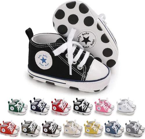 KIDSUN - Zapatos deportivos unisex de caña alta para bebés mezclilla de lona suela antideslizante suaves para los primeros pasos A01-negro 3-6