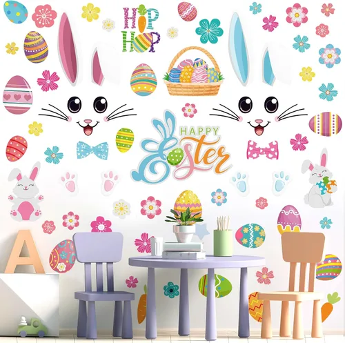 Kajaia 4 piezas Adhesivos de puerta de Pascua felices Adhesivos de refrigerador Huevo de Pascua Flor de Pascua Conejo de Pascua Adhesivos de pared