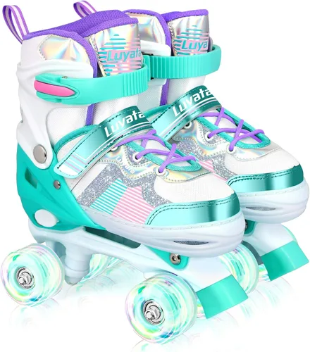 Luyata Patines ajustables para niñas y niños, 4 tamaños de 6 a 12 y 3 a 5 años, patines para niños con 8 ruedas brillantes que se iluminan, 3 Verde