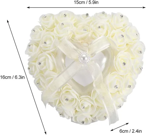 Miniatura 5 de GOTOTOP Almohada de boda, romántica de encaje de cristal rosa de boda en forma de corazón, cojín con cinta perla ceremonia de boda (blanco lechoso)