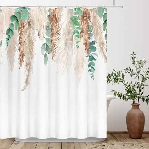 Miniatura 15 de Tititex Blomming - Cortina de ducha floral blanca brillante, hojas verdes acuarela en la parte superior, decoración de baño de planta