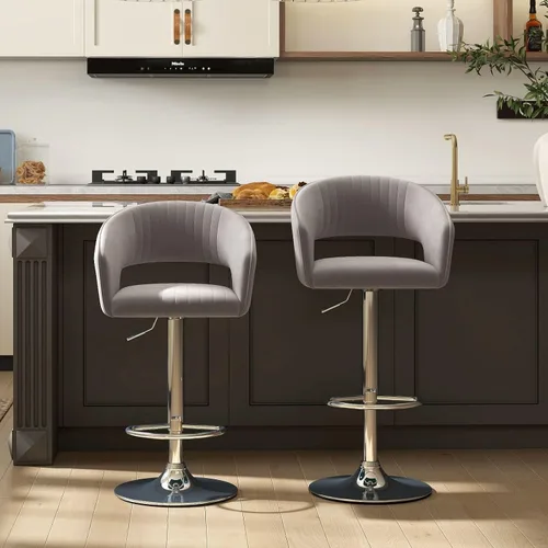 Miniatura 10 de Hyfirm Juego de 2 modernas sillas de bar de cocina con base cromada dorada, taburetes de bar giratorios ajustables con respaldo y reposapiés