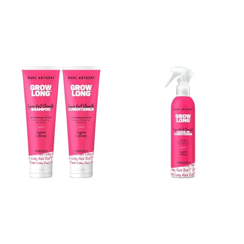 Marc Anthony Set de regalo de champú y acondicionador Grow Long con biotina, acondicionador sin enjuague en aerosol y desenredante, cafeína,