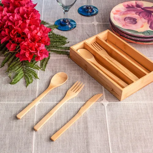 Miniatura 3 de Totally Bamboo Juego de cubiertos de bambú reutilizables de 12 piezas con estuche de almacenamiento portátil, apto para lavavajillas