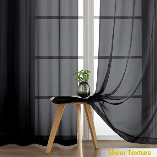 Miniatura 5 de LIVEKID Cortinas traslúcidas negras de cocina de 36 pulgadas de largo, cortinas cortas filtrantes de luz, 2 paneles de gasa aireada, texturizadas