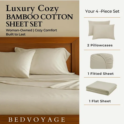 Miniatura 4 de BedVoyage Cozy Sheets Queen - Juego de sábanas de 50% viscosa de bambú y 50% mezcla de algodón, ropa de cama suave y transpirable, bolsillo profundo