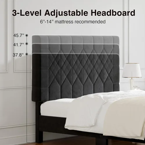 Miniatura 4 de Novilla - Base de cama Queen con cabecero, base de cama tamaño Queen con soporte de listones de madera, cabecero tapizado de terciopelo con puntos