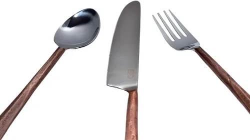 Miniatura 4 de Bold & Divine Ridge Copper - Juego de cubiertos de acero inoxidable de 5 piezas, incluye cuchillo, tenedor/cuchara, cubiertos de acero inoxidable