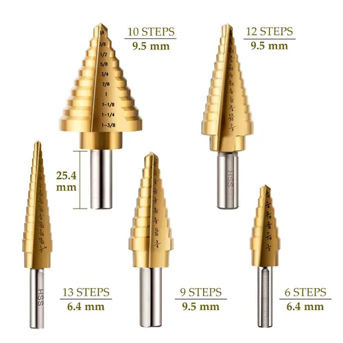 Miniatura 2 de ZELCAN Juego de Brocas Escalonadas, 5 Piezas de Brocas Escalonadas de Titanio HSS para Metal, 50 Tamaños en 5 Brocas Escalonadas Unibit de Acero
