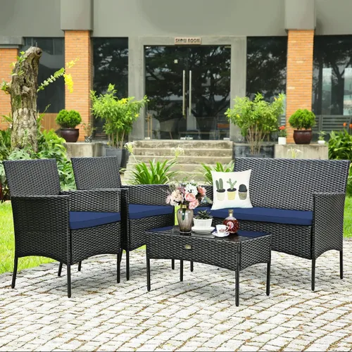 Miniatura 3 de Tangkula Juego de muebles de patio de 8 piezas, juego de conversación de mimbre para exteriores con mesa de vidrio templado, juego de sofá y sillas