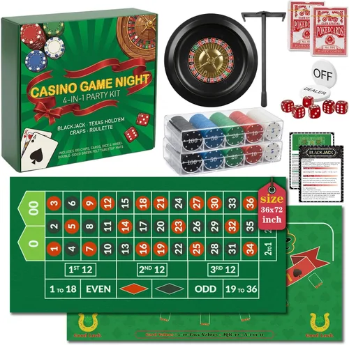 Casino Night - Juego completo 4 en 1 con 2 alfombrillas de fieltro de doble cara (36 x 72 pulgadas), rueda de ruleta de 10 pulgadas, 200 fichas,
