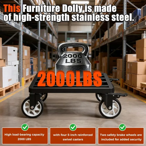 Miniatura 4 de Carro de muebles de acero inoxidable, plataforma de 18 x 18 pulgadas y dispositivo de sujeción, capacidad de 2000 libras, ruedas giratorias de 5