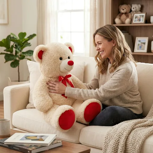 Miniatura 7 de Enorme Oso de Peluche Animal de Peluche Oso de Peluche Gigante con Lazo de Cinta Roja Juguete de Peluche de Día Regalo para Novia y Niños 36 Beige