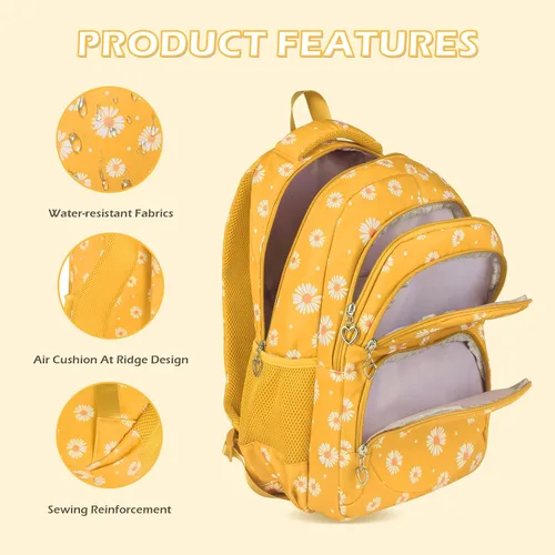 Miniatura 38 de goldwheat Mochilas impresas margaritas con paquete de almuerzo, estuche de lápices 3pcs, bolsa ligera resistente al agua para la escuela secundaria