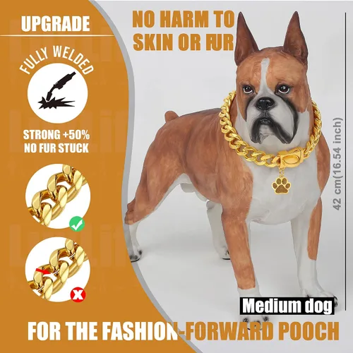 Miniatura 7 de Collar de cadena para perro de 0.59 pulgadas/0.79 pulgadas de grosor, con hebilla de liberación rápida, collar de cadena de oro de 18 quilates