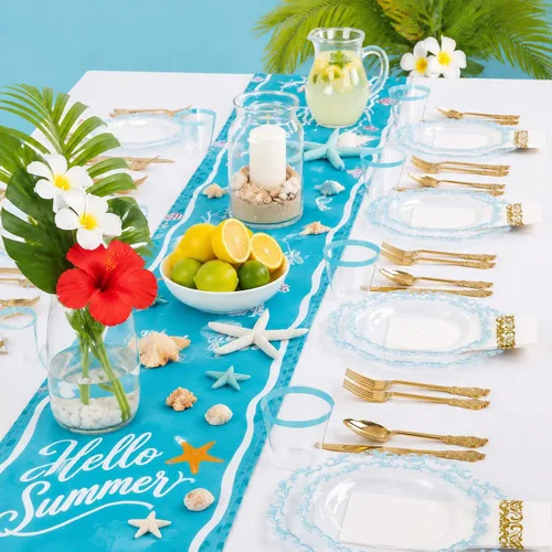 Miniatura 7 de PULOTE Juego de 175 piezas de platos de plástico transparentes y azules - Juego de vajilla desechable con borde azul - Incluye 25 platos de cena, 25