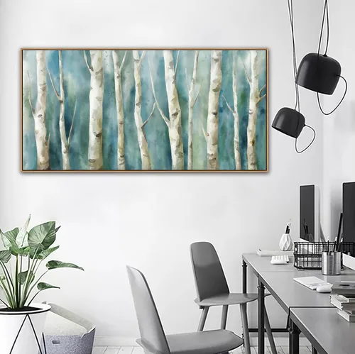 Miniatura 5 de Arte de Pared en Lienzo de Abedul Enmarcado - Imágenes Abstractas de Árboles de Abedul para Pintura Moderna en Lienzo Turquesa, Obra de Arte