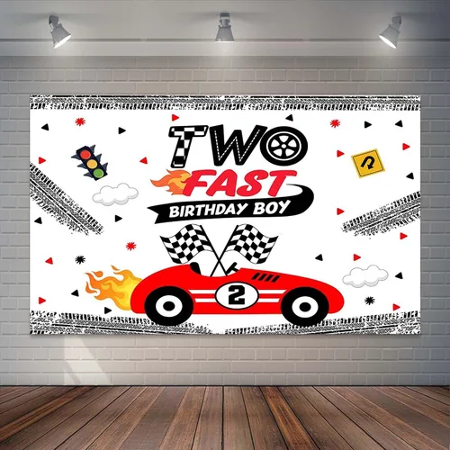Fondo de dos cumpleaños rápidos para niño de carreras, auto de carreras, fondo de fiesta de feliz segundo cumpleaños, Let's Go Racing, niños,