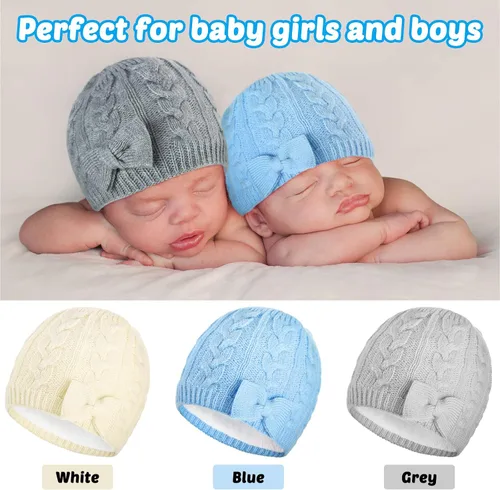 Miniatura 5 de 3 Pieces Fleece Lined Baby Beanie with Bow, Infant Newborn Toddler Kids Winter Warm Knit Cap for Boys Girls