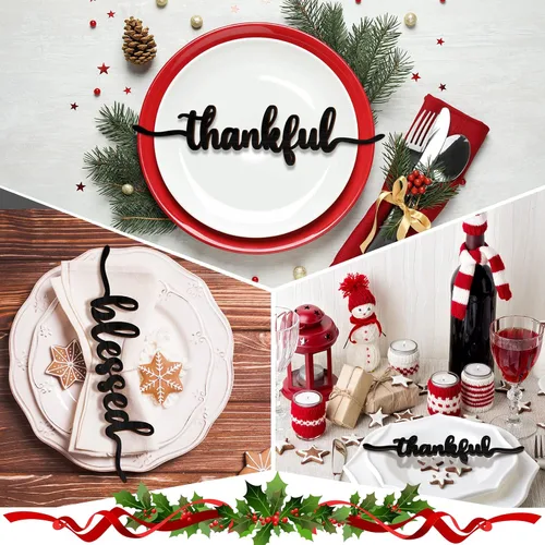 Miniatura 2 de 12 piezas de letreros de madera con palabras navideñas recortadas "Joyful Merry Thankful Grateful Blessed Peace Gather" para decoración de plato