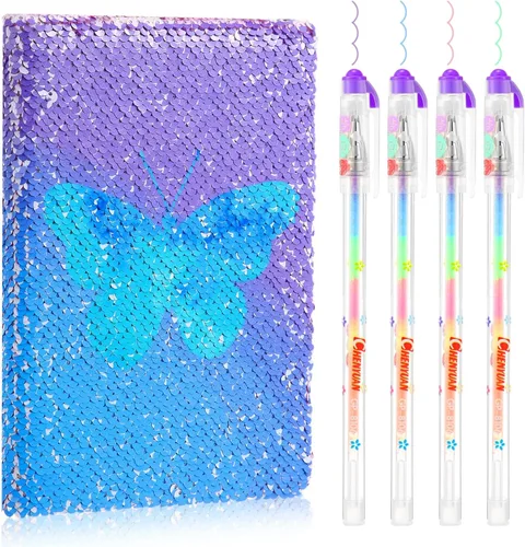 Outus Juego de diario de lentejuelas para niñas con 4 bolígrafos de tinta de gel de color, diario reversible, cuaderno de lentejuelas con purpurina