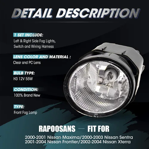 Miniatura 3 de Conjunto de lámparas antiniebla de conducción para Nissan Maxima 2000-2001 2000-2003 Sentra 2001-2004 Frontier 2002-2004 Xterra reemplazo de luz