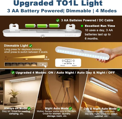 Miniatura 2 de BLS T01L - Luz LED para armario, súper brillante, 20 LED, iluminación debajo del gabinete, alimentada por batería/entrada de CC, luz inalámbrica