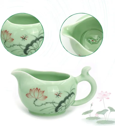 Miniatura 3 de DELIFUR Celadon Juego de té de porcelana hecho a mano con tema de loto, tetera de porcelana cubierta taza de té Gongdao taza de China