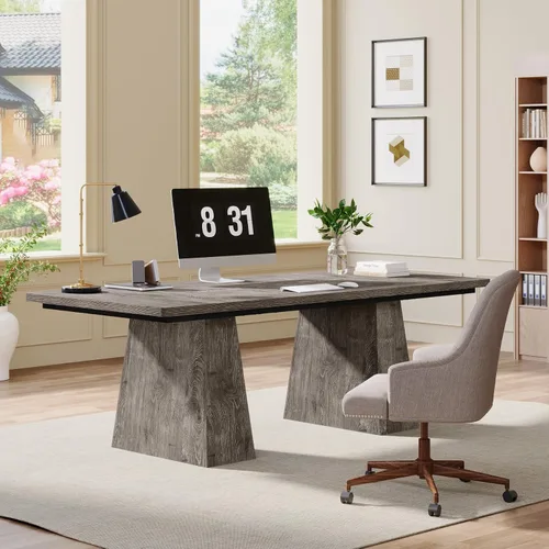 Miniatura 5 de Tribesigns Escritorio Ejecutivo de 63 Pulgadas, Escritorio Grande para Computadora de Oficina con Doble Pedestal, Estación de Trabajo Moderna y Gris