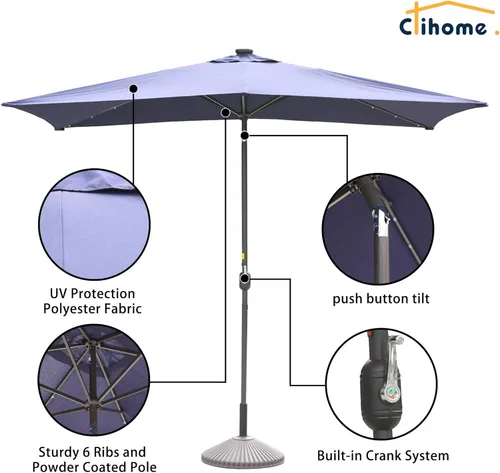 Miniatura 6 de Clihome Sombrilla rectangular de 10 x 6 pies 5 pies con luz LED, sombrilla para exteriores, sombrilla de mesa de mercado con botón de inclinación