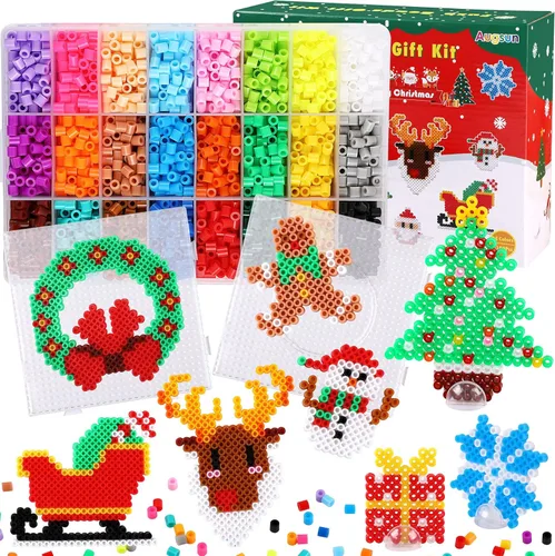 AUGSUN Kit de cuentas de fusibles de Navidad, 5100 unidades + 24 colores para manualidades, juego de cuentas de fusión para niños, 12 estilos de