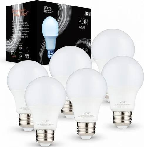 KOR - Juego de 6 bombillas LED A19 de 9 W (equivalente a 60 W), con certificación UL, 5000 K (luz blanca brillante – luz diurna), 800 lúmenes, no