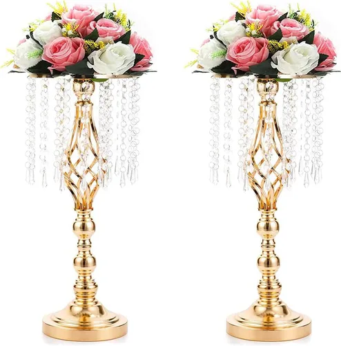 Miniatura 11 de Sziqiqi - Centro de mesa elevado floral dorado para mesa de boda de 21.7 pulgadas de altura con centros de mesa de flores de cristal y cuentas