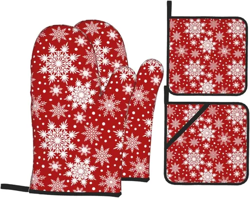 Miniatura 13 de Juego de 2 guantes de horno rojos de copos de nieve de Navidad y agarradera, adecuados para barbacoas, hornear, cocinar, microondas