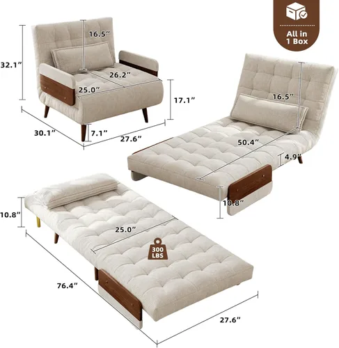 Miniatura 2 de JASIWAY Silla convertible para adultos, silla futón convertible 3 en 1 de lino con almohada, sofá cama individual plegable, cama de invitados