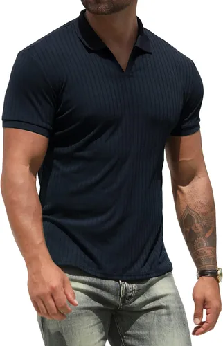 NITAGUT Camisas polo para hombre, cuello en V, ajustadas, manga corta, rendimiento de golf, camisetas suaves de punto