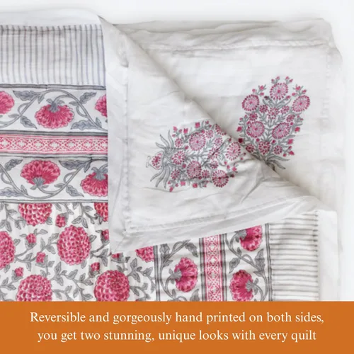 Miniatura 3 de Saffron Marigold Manta acolchada reversible rosa, tamaño Queen, hecha a mano, con estampado de dalia Daydreams de algodón Jaipuri Razai, colcha