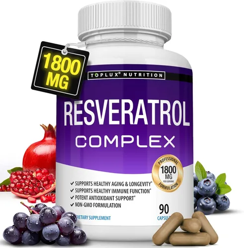 Suplemento de resveratrol 1800 mg Complejo antioxidante - Píldoras naturales altamente potentes de trans-resveratrol para el envejecimiento