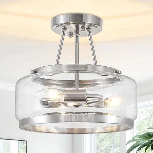 Miniatura 10 de Lámpara de techo semiempotrada dorada de 11.81 pulgadas, moderna lámpara de techo de tambor de cristal, lámpara de techo de 3 luces para pasillo