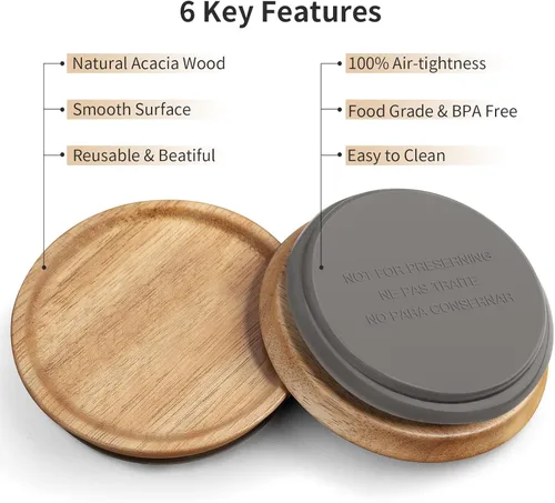 Miniatura 9 de 6 paquetes de tapas de tarros Mason de boca regular de madera para tarros Ball/Mason/Kerr, madera de acacia natural, material de grado alimenticio