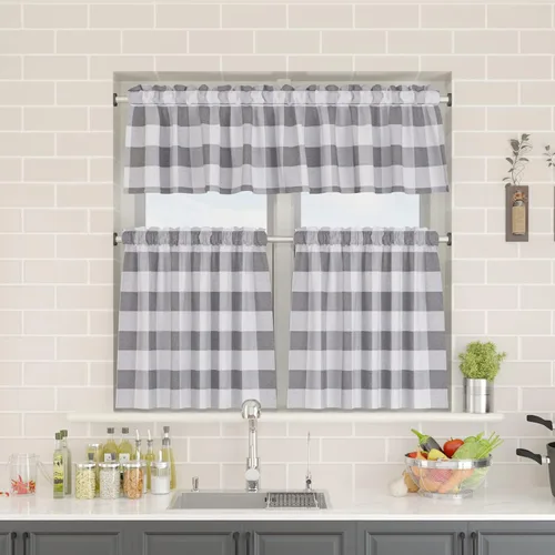 Miniatura 118 de Cenefas de cortina para ventana de 16 pulgadas de largo, 2 paneles de cuadros búfalo, cortinas pequeñas con bolsillo para barra, estilo clásico