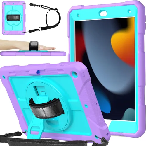 Miniatura 14 de BMOUO Funda para iPad de 9ª/8ª/7ª generación de 10.2", a prueba de golpes con soporte giratorio de 360°, correa de hombro y mano, funda para iPad