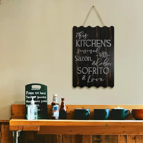 Miniatura 7 de Letrero de madera con texto en inglés «This Kitchen is Seasoned with Sazon Adobo Sofrito & Love» La Cocina española puertorriqueña para decoración