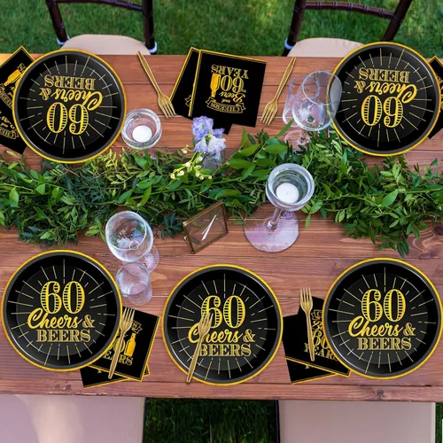 Miniatura 5 de Juego de 96 platos y servilletas para cumpleaños de 60 años, suministros de fiesta de saludos a 60 años, decoraciones de cumpleaños de 60 años