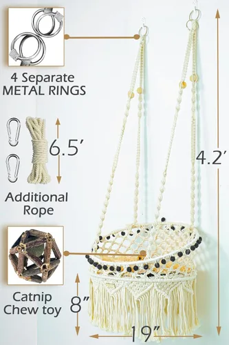 Miniatura 5 de KARCEEY Hamaca de macramé para gatos, cama colgante para pared y ventana, columpio bohemio con kit completo de herramientas y juguete de pezón