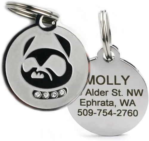Placas personalizables para mascotas, de acero inoxidable, para perros y gatos. Grabado personalizable con cuatro líneas de texto, elegante y