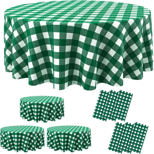 Miniatura 17 de Remagr Mantel Desechable de Cuadros Redondo de Plástico Buffalo Plaid Mantel de Mesa de 84'' Cubierta de Mesa Gingham para Picnic Camping BBQ Fiesta
